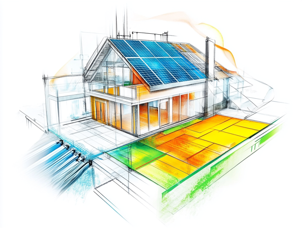 dessin d'une vue éclatée d'une maison avec panneaux solaires